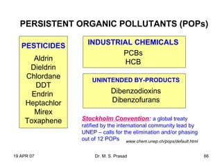 19 APR 07 Dr. M. S. Prasad 66
PESTICIDES
Aldrin
Dieldrin
Chlordane
DDT
Endrin
Heptachlor
Mirex
Toxaphene
INDUSTRIAL CHEMICALS
PCBs
HCB
UNINTENDED BY-PRODUCTS
Dibenzodioxins
Dibenzofurans
PERSISTENT ORGANIC POLLUTANTS (POPs)
Stockholm Convention: a global treaty
ratified by the international community lead by
UNEP – calls for the elimination and/or phasing
out of 12 POPs www.chem.unep.ch/pops/default.html
 