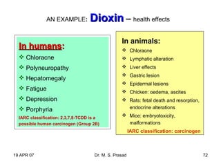 19 APR 07 Dr. M. S. Prasad 72
In animals:
 Chloracne
 Lymphatic alteration
 Liver effects
 Gastric lesion
 Epidermal lesions
 Chicken: oedema, ascites
 Rats: fetal death and resorption,
endocrine alterations
 Mice: embryotoxicity,
malformations
IARC classification: carcinogen
AN EXAMPLE: DioxinDioxin – health effects
In humansIn humans::
 Chloracne
 Polyneuropathy
 Hepatomegaly
 Fatigue
 Depression
 Porphyria
IARC classification: 2,3,7,8-TCDD is a
possible human carcinogen (Group 2B)
 