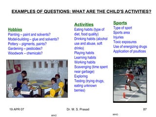 19 APR 07 Dr. M. S. Prasad 87
EXAMPLES OF QUESTIONS: WHAT ARE THE CHILD'S ACTIVITIES?
Hobbies
Painting – paint and solvents?
Model-building – glue and solvents?
Pottery – pigments, paints?
Gardening – pesticides?
Woodwork – chemicals?
Activities
Eating habits (type of
diet, food quality)
Drinking habits (alcohol
use and abuse, soft
drinks)
Playing habits
Learning habits
Working habits
Scavenging (time spent
near garbage)
Exploring
Testing (trying drugs,
eating unknown
berries)
Sports
Type of sport
Sports area
Injuries
Toxic exposures
Use of energizing drugs
Application of poultices
WHOWHO
 
