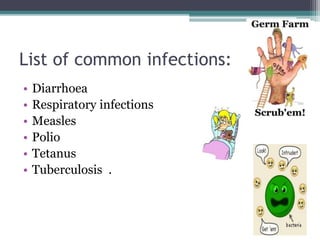 List of common infections:
• Diarrhoea
• Respiratory infections
• Measles
• Polio
• Tetanus
• Tuberculosis .
 