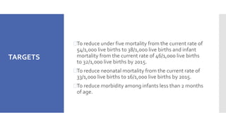 To reduce under five mortality from the current rate of 
54/1,000 live births to 38/1,000 live births and infant 
mortali...