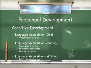 Preschool Development Cognitive Development   Language Acquisition- Oral Vocabulary & rules Language Acquisition-Reading Emergent literacy Phonemic awareness Concept of print Language Acquisition- Writing Print discrimination Invented spelling 