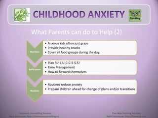 What Parents can do to Help (2)
Nutrition
• Anxious kids often just graze
• Provide healthy snacks
• Cover all food groups...
