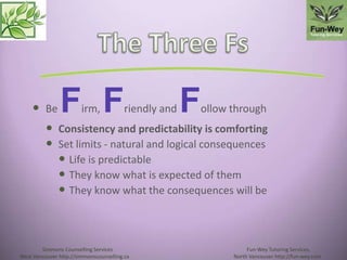  Be Firm, Friendly and Follow through
 Consistency and predictability is comforting
 Set limits - natural and logical c...
