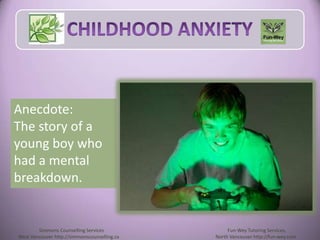 Anecdote:
The story of a
young boy who
had a mental
breakdown.
Simmons Counselling Services Fun-Wey Tutoring Services,
Wes...