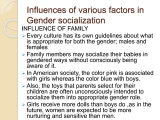 Influences of various factors in
Gender socialization
INFLUENCE OF FAMILY
 Every culture has its own guidelines about what
is appropriate for both the gender; males and
females
 Family members may socialize their babies in
gendered ways without consciously being
aware of it.
 In American society, the color pink is associated
with girls whereas the color blue with boys.
 Also, the toys that parents select for their
children are often unconsciously intended to
socialize them into appropriate gender role.
 Girls receive more dolls than boys do ,as in the
future, women are expected to be more
nurturing and sensitive than men.
 