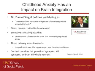 Childhood Anxiety Has an
Impact on Brain Integration
• Dr. Daniel Siegel defines well-being as:
– “the vertical and horizontal integration of widely separated
areas in the brain”
• Stress causes cortisol to be released
• Excessive stress impacts the:
– development of areas of the brain that link widely separated
areas
• Three primary areas involved–
– the prefrontal area, the hippocampus, and the corpus callosum
• Cortisol can slow the growth of synapses, kill
synapses, and can kill whole neurons
13
Source: Siegel, 2010
 