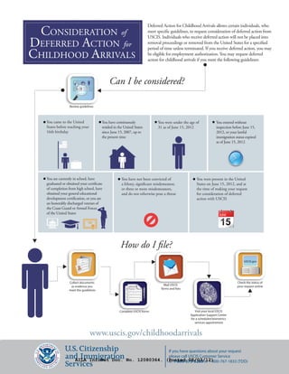 Deferred Action for Childhood Arrivals allows certain individuals, who
 CONSIDERATION of                                                      meet speciﬁc guidelines, to request consideration of deferred action from
                                                                       USCIS. Individuals who receive deferred action will not be placed into
DEFERRED ACTION for                                                    removal proceedings or removed from the United States for a speciﬁed
                                                                       period of time unless terminated. If you receive deferred action, you may
CHILDHOOD ARRIVALS                                                     be eligible for employment authorization. You may request deferred
                                                                       action for childhood arrivals if you meet the following guidelines:



                                             Can I be considered?

                  Review guidelines



   You came to the United               You have continuously                You were under the age of            You entered without
   States before reaching your          resided in the United States         31 as of June 15, 2012               inspection before June 15,
   16th birthday                        since June 15, 2007, up to                                                2012, or your lawful
                                        the present time                                                          immigration status expired
                                                                                                                  as of June 15, 2012




   You are currently in school, have                 You have not been convicted of                 You were present in the United
   graduated or obtained your certiﬁcate             a felony, signiﬁcant misdemeanor,              States on June 15, 2012, and at
   of completion from high school, have              or three or more misdemeanors,                 the time of making your request
   obtained your general educational                 and do not otherwise pose a threat             for consideration of deferred
   development certiﬁcation, or you are                                                             action with USCIS
   an honorably discharged veteran of
   the Coast Guard or Armed Forces
   of the United States                                                                                             JUNE




                                                    How do I ﬁle?
                                                                                                                                    USCIS.gov




                  Collect documents                                                                                            Check the status of
                   as evidence you                                               Mail USCIS                                    your request online
                                                          USCIS
                  meet the guidelines                     Form                 forms and fees




                                                    Complete USCIS forms                           Visit your local USCIS
                                                                                                Application Support Center
                                                                                                for a scheduled biometrics
                                                                                                   services appointment


                                 www.uscis.gov/childhoodarrivals
                                                       If you have questions about your request
                                                       please call USCIS Customer Service
                      AILA InfoNet Doc. No. 12080364. (Posted 08/03/12)
                                                       at 1-800-375-5283 or 1-800-767-1833 (TDD)
 