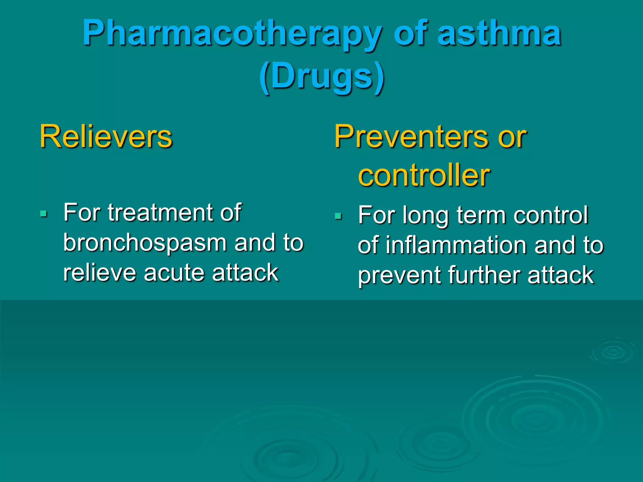 Pharmacotherapy of asthma
(Drugs)
Relievers
 For treatment of
bronchospasm and to
relieve acute attack
Preventers or
controller
 For long term control
of inflammation and to
prevent further attack
 