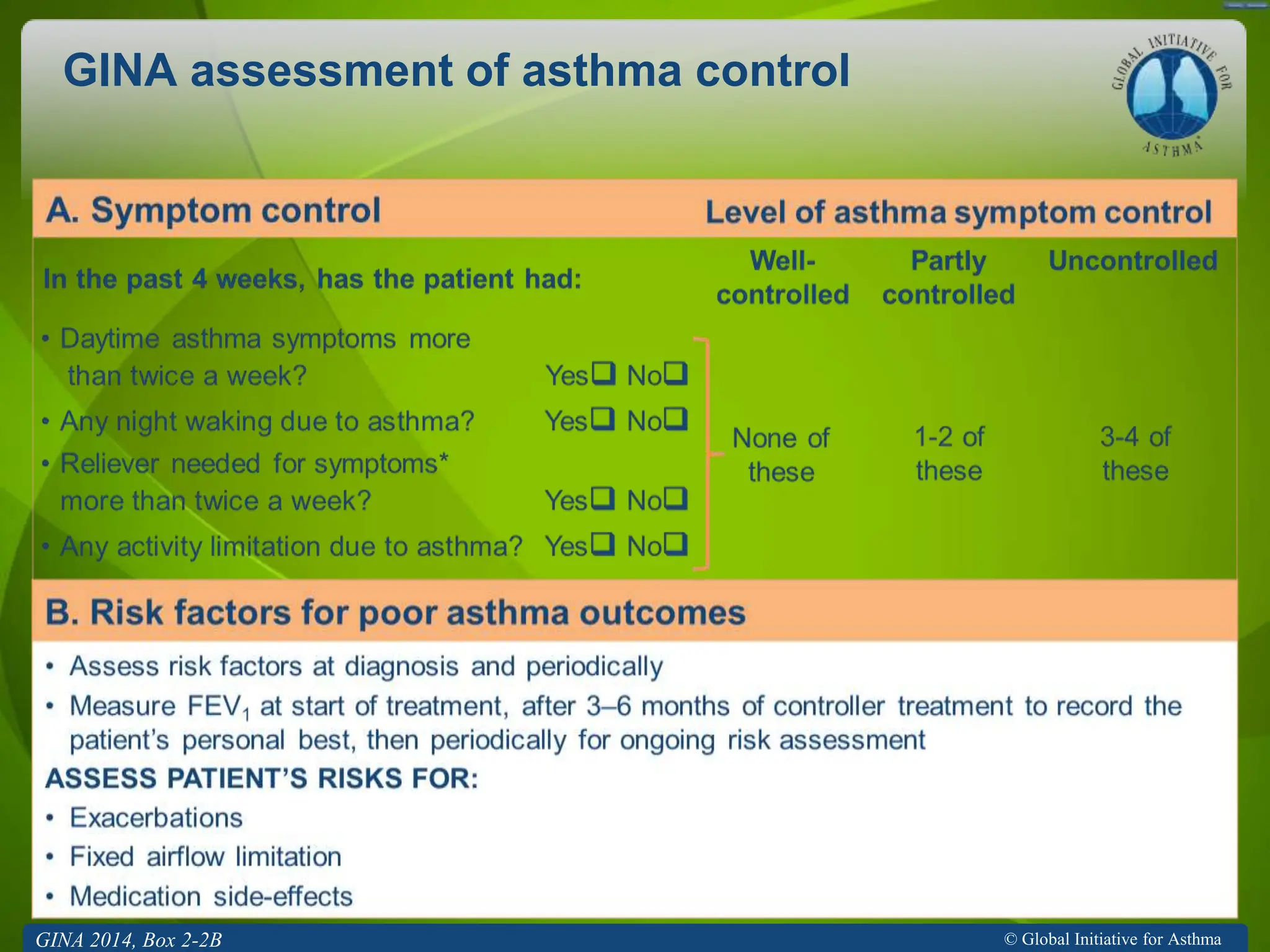 © Global Initiative for Asthma
GINA assessment of asthma control
GINA 2014, Box 2-2B
 