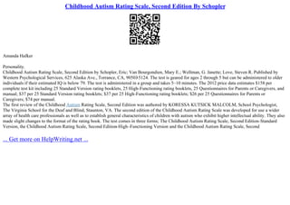 Childhood Autism Rating Scale, Second Edition By Schopler
Amanda Hafker
Personality.
Childhood Autism Rating Scale, Second Edition by Schopler, Eric; Van Bourgondien, Mary E.; Wellman, G. Janette; Love, Steven R. Published by
Western Psychological Services, 625 Alaska Ave., Torrance, CA, 90503
–5124. The test is geared for ages 2 through 5 but can be administered to older
individuals if their estimated IQ is below 79. The test is administered in a group and takes 5–10 minutes. The 2012 price data estimates $158 per
complete test kit including 25 Standard Version rating booklets, 25 High–Functioning rating booklets, 25 Questionnaires for Parents or Caregivers, and
manual; $37 per 25 Standard Version rating booklets; $37 per 25 High–Functioning rating booklets; $26 per 25 Questionnaires for Parents or
Caregivers; $74 per manual.
The first review of the Childhood Autism Rating Scale, Second Edition was authored by KORESSA KUTSICK MALCOLM, School Psychologist,
The Virginia School for the Deaf and Blind, Staunton, VA. The second edition of the Childhood Autism Rating Scale was developed for use a wider
array of health care professionals as well as to establish general characteristics of children with autism who exhibit higher intellectual ability. They also
made slight changes to the format of the rating book. The test comes in three forms; The Childhood Autism Rating Scale, Second Edition–Standard
Version, the Childhood Autism Rating Scale, Second Edition–High–Functioning Version and the Childhood Autism Rating Scale, Second
... Get more on HelpWriting.net ...
 