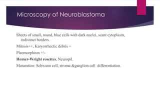 Microscopy of Neuroblastoma
Sheets of small, round, blue cells with dark nuclei, scant cytoplasm,
indistinct borders.
Mitosis++, Karyorrhectic debris +
Pleomorphism +/-
Homer-Wright rosettes, Neuropil.
Maturation: Schwann cell, stroma &ganglion cell differentiation.
 