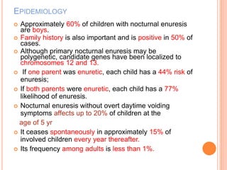 EPIDEMIOLOGY 
 Approximately 60% of children with nocturnal enuresis 
are boys. 
 Family history is also important and is positive in 50% of 
cases. 
 Although primary nocturnal enuresis may be 
polygenetic, candidate genes have been localized to 
chromosomes 12 and 13. 
 If one parent was enuretic, each child has a 44% risk of 
enuresis; 
 If both parents were enuretic, each child has a 77% 
likelihood of enuresis. 
 Nocturnal enuresis without overt daytime voiding 
symptoms affects up to 20% of children at the 
age of 5 yr 
 It ceases spontaneously in approximately 15% of 
involved children every year thereafter. 
 Its frequency among adults is less than 1%. 
 