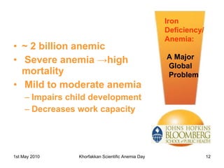 ~ 2 billion anemic Severe anemia ->high mortality Mild to moderate anemia Impairs child development Decreases work capacity Iron Deficiency/ Anemia:     A Major Global Problem 