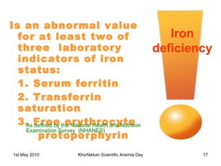Is an abnormal value for at least two of three  laboratory indicators of iron status: 1. Serum ferritin 2. Transferrin saturation  3. Free erythrocyte protoporphyrin Iron deficiency  As defined by the National Health and Nutrition Examination Survey  (NHANES) 