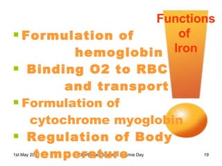 Formulation of hemoglobin Binding O2 to RBC  and transport Formulation of  cytochrome myoglobin Regulation of Body  temperature Functions of  Iron 