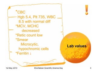 Lab values * CBC Hgb 5.4, Plt 735, WBC 8.5 with normal diff *MCV, MCHC  decreased *Retic count low *Smear Microcytic,  hypochromic cells *Ferritin   
