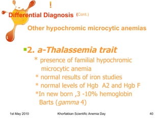 Differential Diagnosis Other hypochromic microcytic anemias 2.  a-Thalassemia trait *  presence of familial hypochromic  microcytic anemia * normal results of iron studies * normal levels of Hgb  A2 and Hgb F *In new born ,3 -10% hemoglobin Barts ( gamma  4)  ( Cont.) 