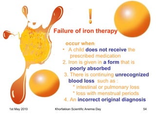 Failure of iron therapy occur when : A child  does not receive  the prescribed medication 2. Iron is given in  a form  that is poorly absorbed 3. There is continuing  unrecognized blood loss   such as : * intestinal or pulmonary loss * loss with menstrual periods 4. An  incorrect original diagnosis 