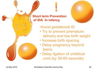 Short term Prevention of IDA  In infancy Avoid gestational ID  Try to prevent premature delivery and low birth weight Increase birth spacing Delay pregnancy beyond  teens Delay ligation of umbilical  cord (by 30-60 seconds) 