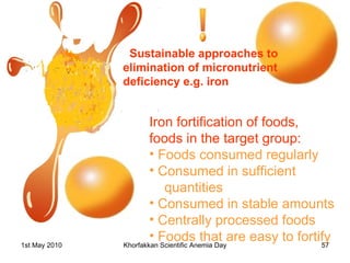 Sustainable approaches to elimination of micronutrient deficiency e.g. iron Iron fortification of foods, foods in the target group: Foods consumed regularly Consumed in sufficient  quantities Consumed in stable amounts Centrally processed foods Foods that are easy to fortify  