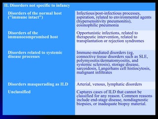 II. Disorders not specific to infancy
Disorders of the normal host
("immune intact")
Infectious/post-infectious processes,
aspiration, related to environmental agents
(hypersensitivity pneumonitis),
eosinophilic pneumonia
Disorders of the
immunocompromised host
Opportunistic infections, related to
therapeutic intervention, related to
transplantation or rejection syndromes
Disorders related to systemic
disease processes
Immune-mediated disorders (eg,
connective tissue disorders such as SLE,
polymyositis/dermatomyositis, and
systemic sclerosis), storage disease,
sarcoidosis, Langerhans cell histiocytosis,
malignant infiltrates
Disorders masquerading as ILD Arterial, venous, lymphatic disorders
Unclassified Captures cases of ILD that cannot be
classified for any reason. Common reasons
include end-stage disease, nondiagnostic
biopsies, or inadequate biopsy material.
 