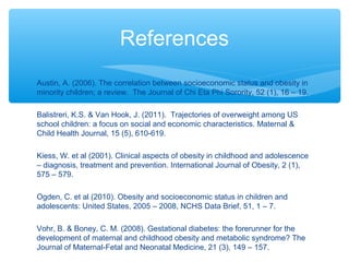 References 
Austin, A. (2006). The correlation between socioeconomic status and obesity in 
minority children; a review. The Journal of Chi Eta Phi Sorority, 52 (1), 16 – 19. 
Balistreri, K.S. & Van Hook, J. (2011). Trajectories of overweight among US 
school children: a focus on social and economic characteristics. Maternal & 
Child Health Journal, 15 (5), 610-619. 
Kiess, W. et al (2001). Clinical aspects of obesity in childhood and adolescence 
– diagnosis, treatment and prevention. International Journal of Obesity, 2 (1), 
575 – 579. 
Ogden, C. et al (2010). Obesity and socioeconomic status in children and 
adolescents: United States, 2005 – 2008, NCHS Data Brief, 51, 1 – 7. 
Vohr, B. & Boney, C. M. (2008). Gestational diabetes: the forerunner for the 
development of maternal and childhood obesity and metabolic syndrome? The 
Journal of Maternal-Fetal and Neonatal Medicine, 21 (3), 149 – 157. 
 