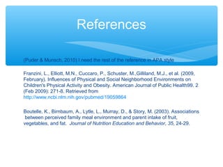 References 
(Puder & Munsch, 2010) I need the rest of the reference in APA style 
Franzini, L., Elliott, M.N., Cuccaro, P., Schuster, M.,Gilliland, M.J., et al. (2009, 
February). Influences of Physical and Social Neighborhood Environments on 
Children's Physical Activity and Obesity. American Journal of Public Health99. 2 
(Feb 2009): 271-8. Retrieved from 
http://www.ncbi.nlm.nih.gov/pubmed/19059864 
Boutelle, K., Birnbaum, A., Lytle, L., Murray, D., & Story, M. (2003). Associations 
between perceived family meal environment and parent intake of fruit, 
vegetables, and fat. Journal of Nutrition Education and Behavior, 35, 24-29. 
 