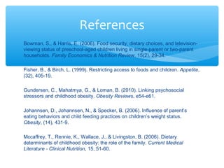 References 
Bowman, S., & Harris, E. (2006). Food security, dietary choices, and television-viewing 
status of preschool-aged children living in single-parent or two-parent 
households. Family Economics & Nutrition Review, 15(2), 29-34. 
Fisher, B., & Birch, L. (1999). Restricting access to foods and children. Appetite, 
(32), 405-19. 
Gundersen, C., Mahatmya, G., & Loman, B. (2010). Linking psychosocial 
stressors and childhood obesity. Obesity Reviews, e54-e61. 
Johannsen, D., Johannsen, N., & Specker, B. (2006). Influence of parent’s 
eating behaviors and child feeding practices on children’s weight status. 
Obesity, (14), 431-9. 
Mccaffrey, T., Rennie, K., Wallace, J., & Livingston, B. (2006). Dietary 
determinants of childhood obesity: the role of the family. Current Medical 
Literature - Clinical Nutrition, 15, 51-60. 
