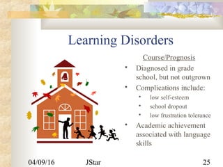 04/09/16 JStar 25
Learning Disorders
Course/Prognosis
 Diagnosed in grade
school, but not outgrown
 Complications include:
 low self-esteem
 school dropout
 low frustration tolerance
 Academic achievement
associated with language
skills
 