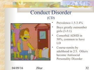 04/09/16 JStar 32
Conduct Disorder
(CD)
 Prevalence-1.5-3.4%
 Boys greatly outnumber
girls (3-5:1)
 Comorbid ADHD in
50%, common to have
LD
 Course-remits by
adulthood in 2/3. Others
become Antisocial
Personality Disorder
 