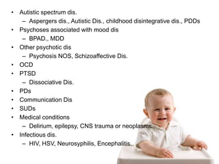 • Autistic spectrum dis.
– Aspergers dis., Autistic Dis., childhood disintegrative dis., PDDs
• Psychoses associated with mood dis
– BPAD., MDD
• Other psychotic dis
– Psychosis NOS, Schizoaffective Dis.
• OCD
• PTSD
– Dissociative Dis.
• PDs
• Communication Dis
• SUDs
• Medical conditions
– Delirium, epilepsy, CNS trauma or neoplasms
• Infectious dis.
– HIV, HSV, Neurosyphilis, Encephalitis.

 