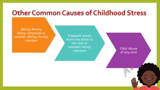 Other Common Causes of Childhood Stress
17
Sibling Rivalry
Being compared to
another sibling /family
member
Frequent moves
from one place to
the next or
between family
members
Child Abuse
of any kind
 