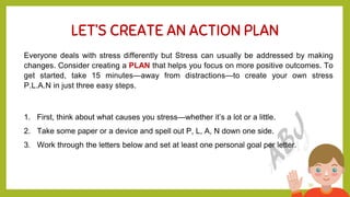 20
LET’S CREATE AN ACTION PLAN
Everyone deals with stress differently but Stress can usually be addressed by making
changes. Consider creating a PLAN that helps you focus on more positive outcomes. To
get started, take 15 minutes—away from distractions—to create your own stress
P.L.A.N in just three easy steps.
1. First, think about what causes you stress—whether it’s a lot or a little.
2. Take some paper or a device and spell out P, L, A, N down one side.
3. Work through the letters below and set at least one personal goal per letter.
 