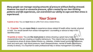 5
Many people can manage varying amounts of pressure without feeling stressed.
However too much or excessive pressure, often created by our own thinking
patterns and life experiences, can overstretch our ability to cope and then stress is
experienced.
Your Score
4 points or less: You are least likely to suffer from stress-related illness.
5 - 13 points: You are more likely to experience stress related ill health either mental, physical
or both. You would benefit from stress management / counselling or advice to help in the
identified areas
14 points or more: You are the most prone to stress showing a great many traits or
characteristics that are creating un-healthy behaviours. This means that you are also more likely
to experience stress & stress-related illness e.g. diabetes, irritable bowel syndrome, migraines,
back and neck pain, high blood pressure, heart disease/strokes, mental ill health (depression,
anxiety & stress). It is important to seek professional help or stress management counselling.
 