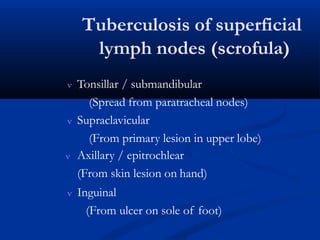 Tuberculosis of superficial
lymph nodes (scrofula)
 Tonsillar / submandibular
(Spread from paratracheal nodes)
 Supraclavicular
(From primary lesion in upper lobe)
 Axillary / epitrochlear
(From skin lesion on hand)
 Inguinal
(From ulcer on sole of foot)
 