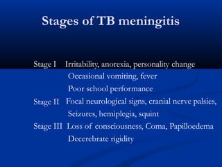 Stages of TB meningitis
Stage I Irritability, anorexia, personality change
Stage II
Occasional vomiting, fever
Poor school performance
Focal neurological signs, cranial nerve palsies,
Seizures, hemiplegia, squint
Stage III Loss of consciousness, Coma, Papilloedema
Decerebrate rigidity
 