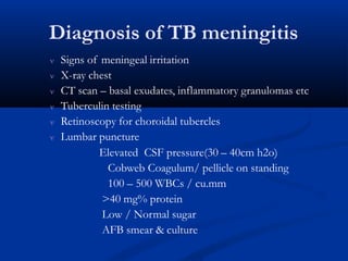 Diagnosis of TB meningitis
 Signs of meningeal irritation
 X-ray chest
 CT scan – basal exudates, inflammatory granulomas etc
 Tuberculin testing
 Retinoscopy for choroidal tubercles
 Lumbar puncture
Elevated CSF pressure(30 – 40cm h2o)
Cobweb Coagulum/ pellicle on standing
100 – 500 WBCs / cu.mm
>40 mg% protein
Low / Normal sugar
AFB smear & culture
 