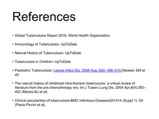 References
• Global Tuberculosis Report 2018, World Health Organization.
• Immunology of Tuberculosis- UpToDate
• Natural History of Tuberculosis- UpToDate
• Tuberculosis in Children- UpToDate
• Paediatric Tuberculosis- Lancet Infect Dis. 2008 Aug; 8(8): 498–510.(Newton SM et
al)
• The natural history of childhood intra-thoracic tuberculosis: a critical review of
literature from the pre-chemotherapy era. Int J Tuberc Lung Dis. 2004 Apr;8(4):392–
402 (Marais BJ et al)
• Clinical peculiarities of tuberculosis-BMC Infectious Diseases201414 (Suppl 1) :S4
(Paola Piccini et al)
 