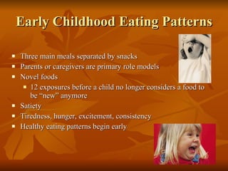 Early Childhood Eating Patterns Three main meals separated by snacks Parents or caregivers are primary role models Novel foods 12 exposures before a child no longer considers a food to be “new” anymore Satiety Tiredness, hunger, excitement, consistency Healthy eating patterns begin early 