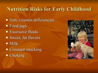Nutrition Risks for Early Childhood Iron, vitamin deficiencies Food jags Excessive fluids Sweet, fat flavors Milk Constant snacking Choking 