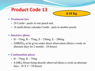 Product Code 13
 Treatment box
 24 Combi - packs in one pouch and
 18 multi-blister calendar Combi - pack in another pouch.
 Intensive phase
 H – 75mg, R – 75mg, Z – 250mg, E – 200mg
 2(HRZE)3 to be given under direct observation (thrice a week on
alternate days for 2 months - 24 doses).
 Continuation phase
 H – 75mg, R – 75mg
 4 (HR)3 blister being directly observed (thrice a week on alternate
days : 18 X 3 = 54 doses)
6-10 Kg
 