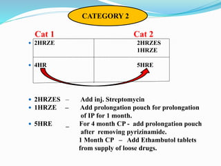 Cat 1 Cat 2
 2HRZE 2HRZES
1HRZE
 4HR 5HRE
 2HRZES – Add inj. Streptomycin
 1HRZE – Add prolongation pouch for prolongation
of IP for 1 month.
 5HRE _ For 4 month CP - add prolongation pouch
after removing pyrizinamide.
1 Month CP – Add Ethambutol tablets
from supply of loose drugs.
CATEGORY 2
 