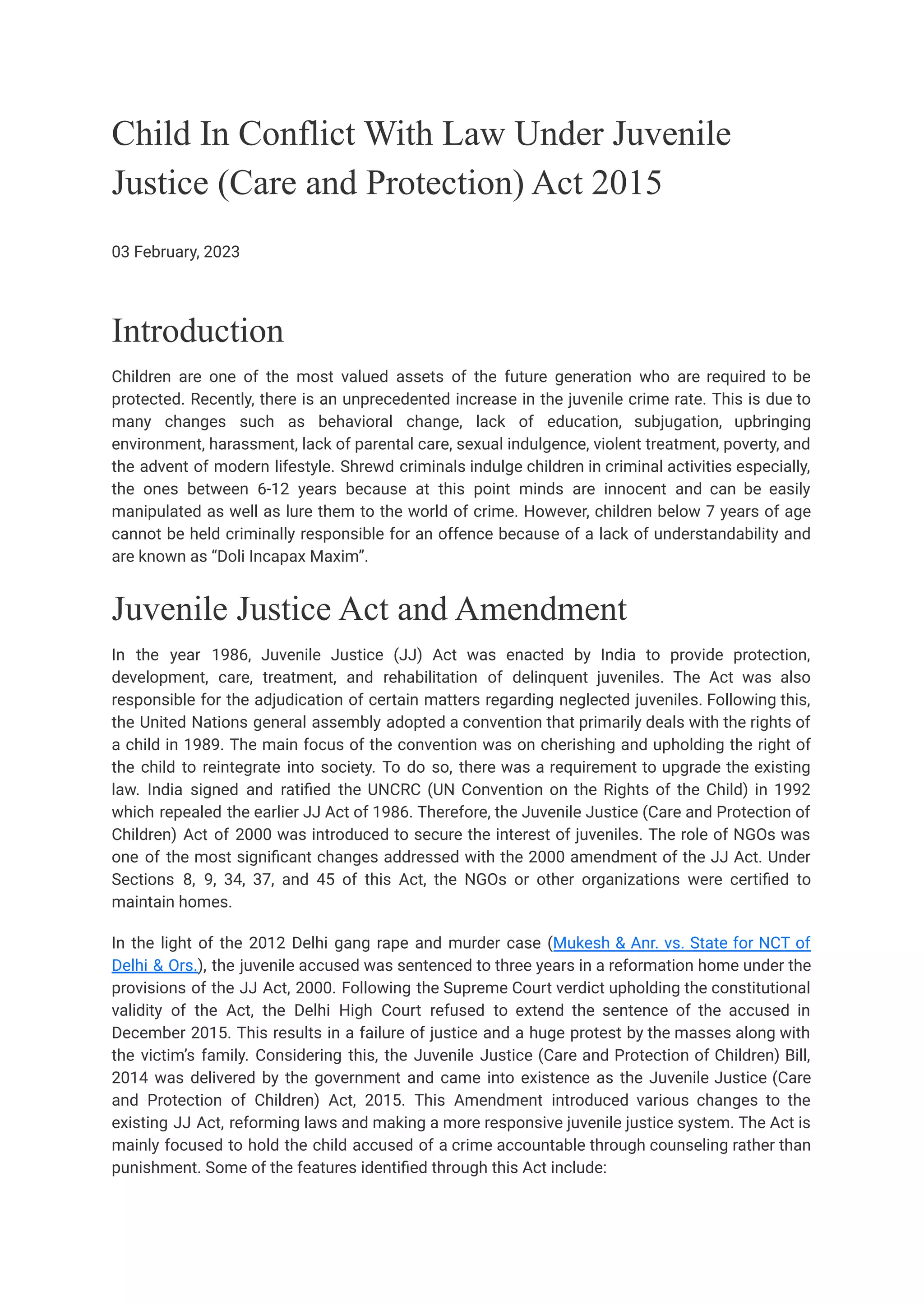 Child In Conflict With Law Under Juvenile Justice (Care and Protection ...