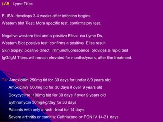 LAB:   Lyme Titer:  ELISA- develops 3-4 weeks after infection begins Western blot Test: More specific test, confirmatory test.  Negative western blot and a positive Elisa:  no Lyme Ds. Western Blot positive test: confirms a positive  Elisa result Skin biopsy: positive direct  immunofluorescence  provides a rapid test IgG/IgM Titers will remain elevated for months/years, after the treatment. TX:  Amoxicillin 250mg tid for 30 days for under 8/9 years old Amoxicillin  500mg tid for 30 days if over 9 years old Doxycycline  100mg bid for 30 days if over 9 years old Eythromycin 30mg/kg/day for 30 days  Patients with only a rash: treat for 14 days  Severe arthritis or carditis: Ceftriaxone or PCN IV 14-21 days 