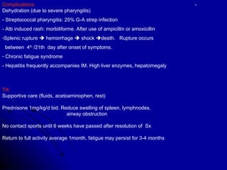 Complications:  -   Dehydration (due to severe pharyngitis)  Streptococcal pharyngitis: 25% G-A strep infection  - Atb induced rash: morbiliforme. After use of ampicillin or amoxicillin  Splenic rupture    hemorrhage    shock   death.  Rupture occurs  between  4 th  /21th  day after onset of symptoms.  Chronic fatigue syndrome  - Hepatitis frequently accompanies IM. High liver enzymes, hepatomegaly TX:   Supportive care (fluids, acetoaminophen, rest) Prednisone 1mg/kg/d bid. Reduce swelling of spleen, lymphnodes, airway obstruction No contact sports until 6 weeks have passed after resolution of  Sx Return to full activity average 1month, fatigue may persist for 3-4 months 