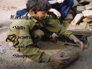 Working area of children Mills Factories & Brick works Coal mines Shops 