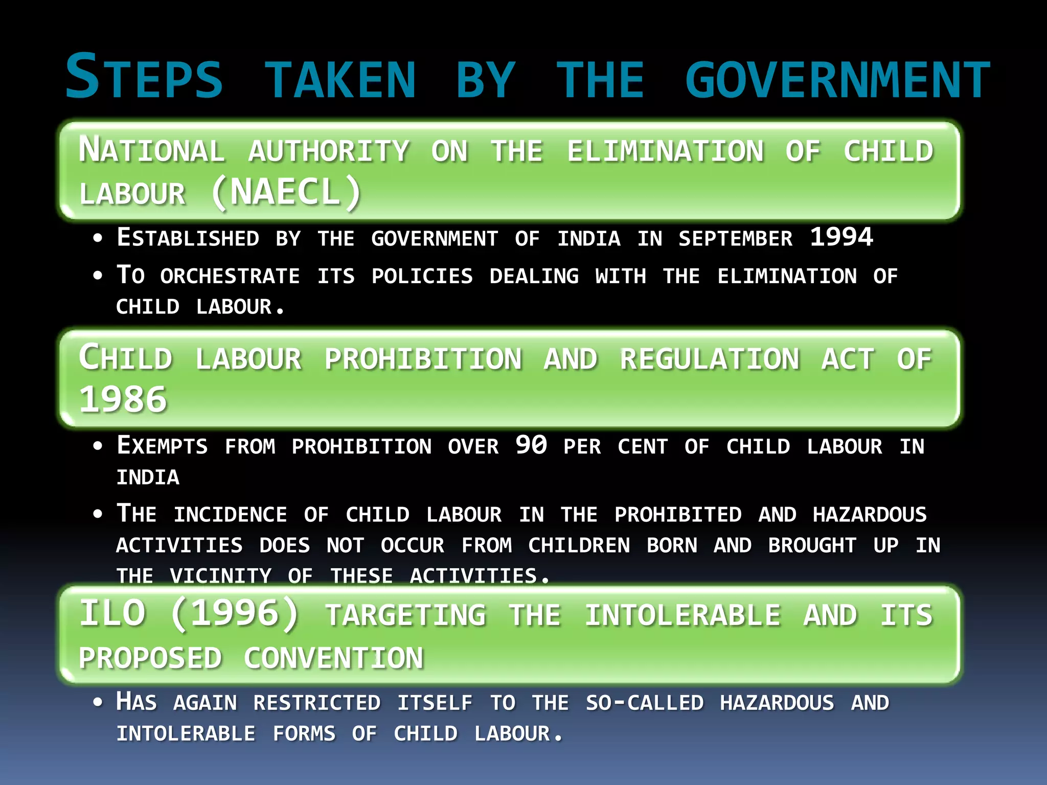 STEPS TAKEN BY THE GOVERNMENT
NATIONAL AUTHORITY ON THE ELIMINATION OF CHILD
LABOUR (NAECL)
• ESTABLISHED BY   THE GOVERNMENT OF INDIA IN SEPTEMBER    1994
• TO ORCHESTRATE   ITS POLICIES DEALING WITH THE ELIMINATION OF
  CHILD LABOUR.

CHILD LABOUR PROHIBITION AND REGULATION ACT OF
1986
• EXEMPTS   FROM PROHIBITION OVER   90   PER CENT OF CHILD LABOUR IN
  INDIA
• THE  INCIDENCE OF CHILD LABOUR IN THE PROHIBITED AND HAZARDOUS
  ACTIVITIES DOES NOT OCCUR FROM CHILDREN BORN AND BROUGHT UP IN
  THE VICINITY OF THESE ACTIVITIES.
ILO (1996) TARGETING THE INTOLERABLE AND ITS
PROPOSED CONVENTION
• HAS  AGAIN RESTRICTED ITSELF TO THE SO-CALLED HAZARDOUS AND
  INTOLERABLE FORMS OF CHILD LABOUR.
 