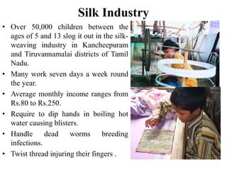 Silk Industry 
• Over 50,000 children between the 
ages of 5 and 13 slog it out in the silk-weaving 
industry in Kancheepuram 
and Tiruvannamalai districts of Tamil 
Nadu. 
• Many work seven days a week round 
the year. 
• Average monthly income ranges from 
Rs.80 to Rs.250. 
• Require to dip hands in boiling hot 
water causing blisters. 
• Handle dead worms breeding 
infections. 
• Twist thread injuring their fingers . 
 