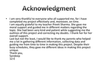 • I am very thankful to everyone who all supported me, for i have 
completed my project effectively and, moreover, on time. 
I am equally grateful to my teacher Preeti Sharma. She gave me 
moral support and guided me in different matters regarding the 
topic. She had been very kind and patient while suggesting me the 
outlines of this project and correcting my doubts. I thank her for her 
overall support. 
Last but not the least, I would like to thank my parents who helped 
me a lot in gathering different information, collecting data and 
guiding me from time to time in making this project. Despite their 
busy schedules, they gave me different ideas in making this project 
unique. 
Thank you, 
Sandeep 
12-E 
 
